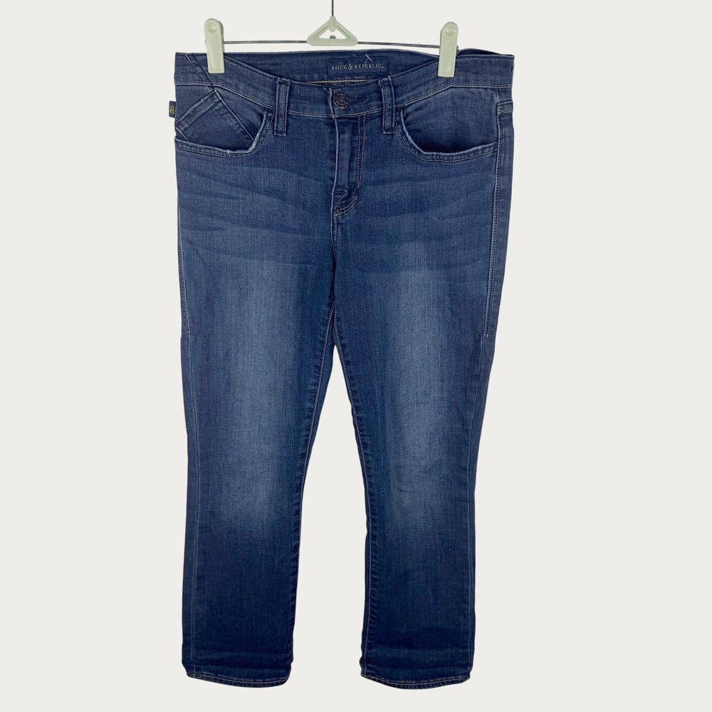 Rock & Republic Kendall Jeans Womens 8 Blue Studded Flap Pocket Straight Leg